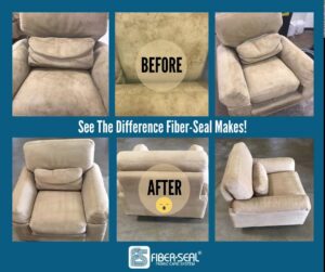 Before and after photos showing a dirty armchair cleaned by Fiber-Seal of North Texas in Dallas, TX