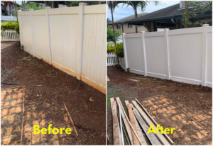Before and after comparison of a vinyl fence cleaning and restoration by Empire Fencing LLC in Mililani Town, HI