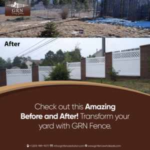 Before and after view of a yard transformed with a new white vinyl fence by GRN Fence Solution in Newark, NJ.