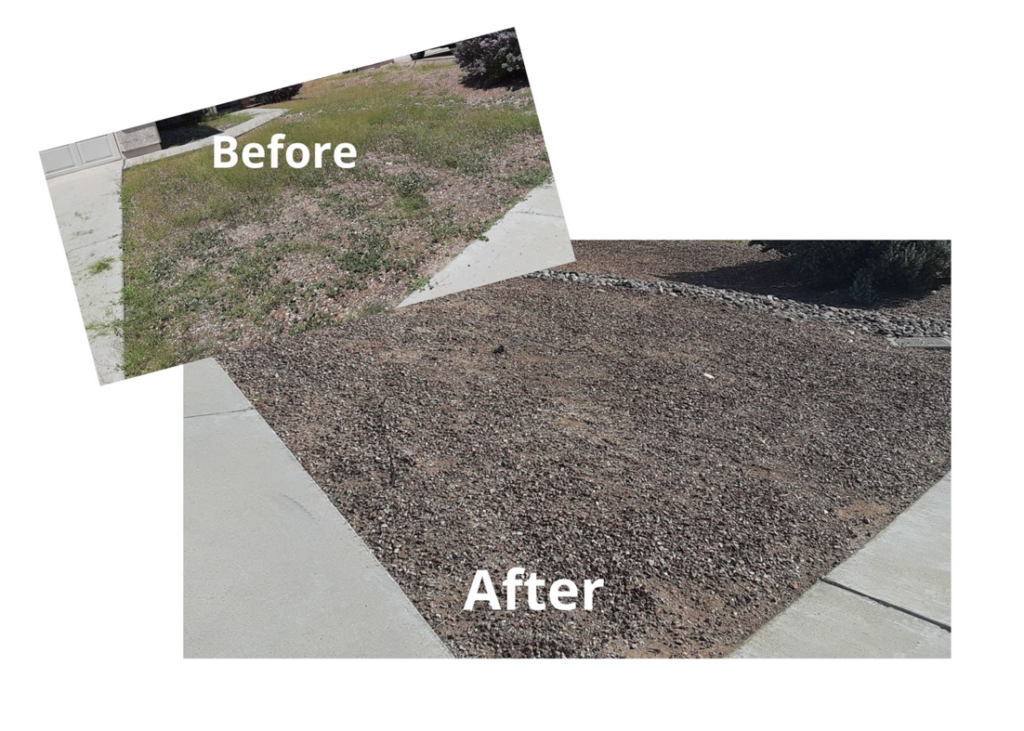 A before and after photo showing effective weed control and yard transformation by BCL Yard Services, LLC in Tucson, AZ.