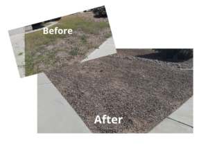 A before and after photo showing effective weed control and yard transformation by BCL Yard Services, LLC in Tucson, AZ.