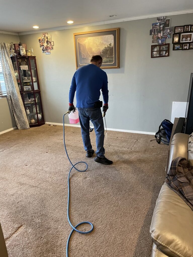 Before and after comparison of a white carpet, showing significant cleaning results by Hill's Magic Carpet Cleaning in Colorado Springs, CO.
