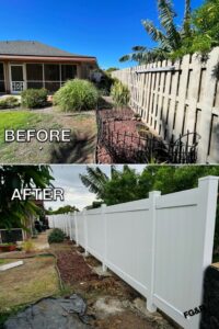 Before and after of a property with a new white vinyl privacy fence installed by Fence, Gates and Rockwalls in Kailua-Kona, HI