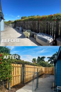 Before and after of a property showing a new wood fence and chain link gate installed by Fence, Gates and Rockwalls in Kailua-Kona, HI