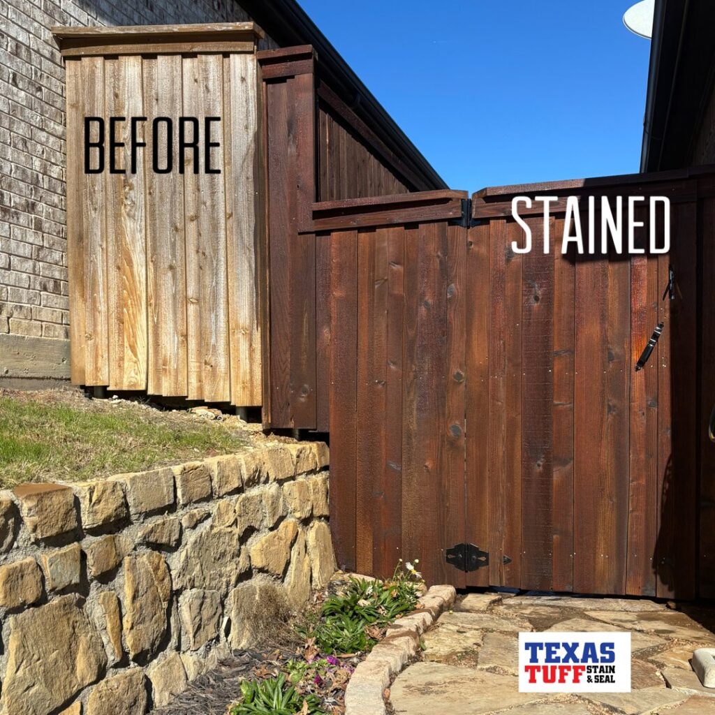 Before and after staining of a wooden enclosure by Texas Tuff Stain and Seal in Fort Worth, TX.