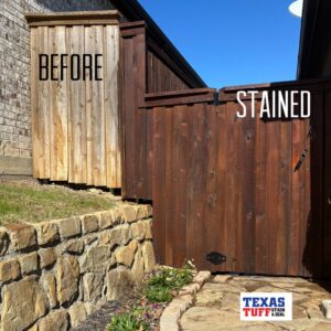 Before and after staining of a wooden enclosure by Texas Tuff Stain and Seal in Fort Worth, TX.