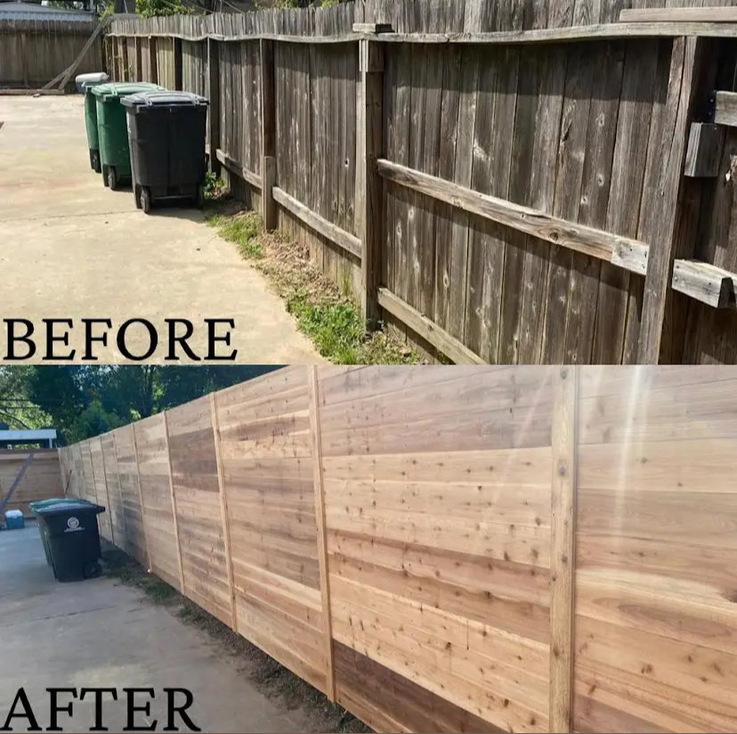 Before and after photos of an old wooden fence replaced with a new privacy fence by Discount Fence Supply in Great Falls, SC.
