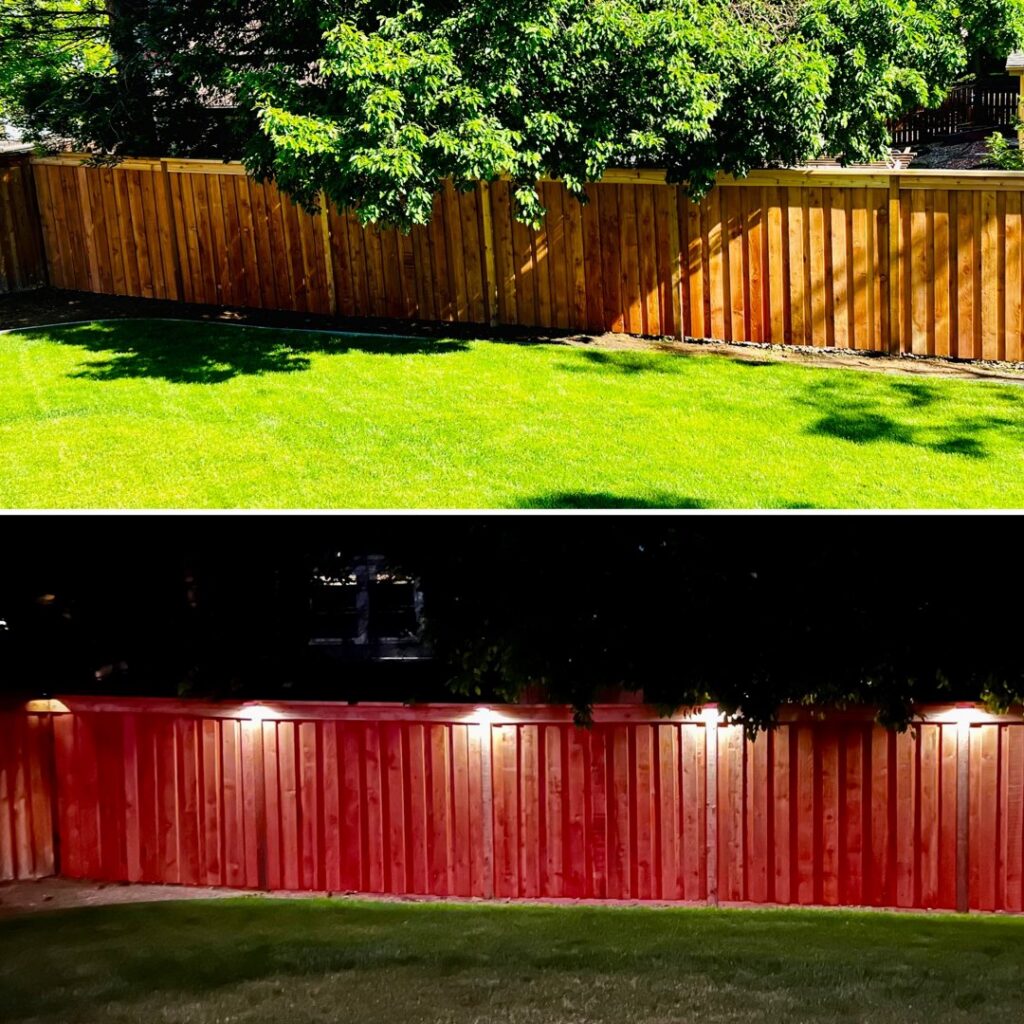 Before and after of a wooden privacy fence with accent lighting installed by 2 Guys & A Girl Lawn Care in Thornton, CO.