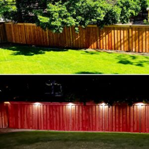 Before and after of a wooden privacy fence with accent lighting installed by 2 Guys & A Girl Lawn Care in Thornton, CO.