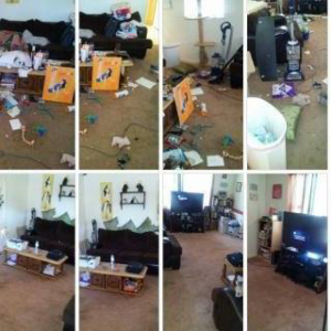 Before and after photos showing a living room with a professionally cleaned carpet by OCD Cleaning in Little Rock, AR.