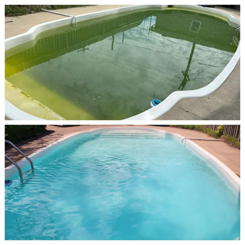 A before and after photo showing a dirty green pool transformed into a sparkling clean blue pool by Crystal Waters in Las Vegas, NV.