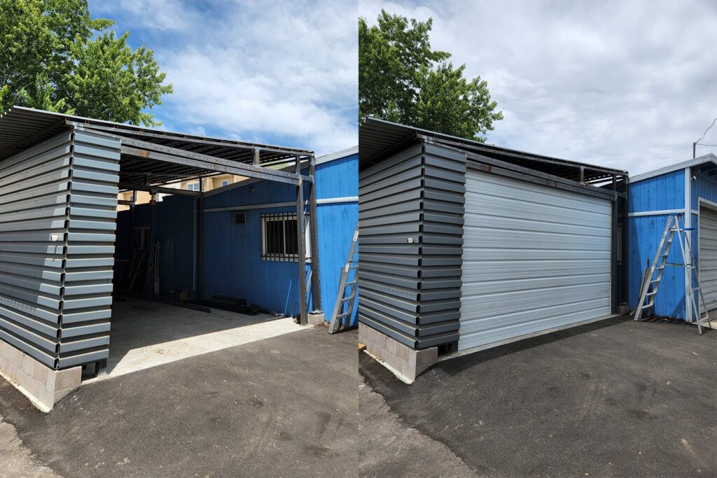 A before and after composite image showing a new garage door installation by PNG Garage Doors llc in Lakewood, CO.