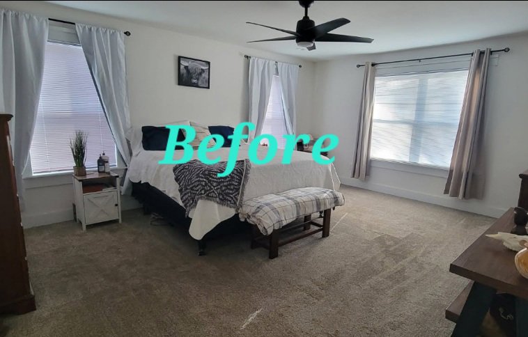 Before shot of a carpeted bedroom awaiting professional cleaning from Restore Carpet Care and Tile in Tallahassee, FL