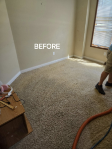 A dirty carpet in a bedroom before steam cleaning by B&L Steam Clean & Water Extraction LLC in Columbia, MO