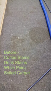 Before carpet cleaning showing coffee, drink, and paint stains on soiled carpet by BareFoot Clean, Inc. in Virginia Beach, VA.