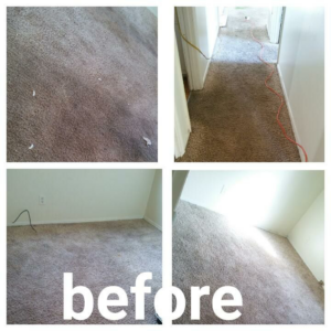 Collage of dirty carpets before cleaning by R & R Cleaning Services in Goose Creek, SC.