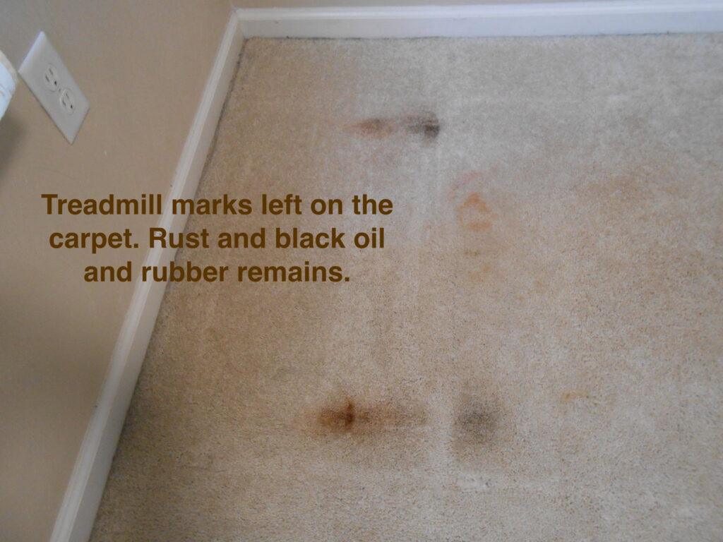Before carpet cleaning showing treadmill marks, rust, and oil stains by BareFoot Clean, Inc. in Virginia Beach, VA.