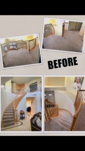 Before photo of a carpeted staircase, showing existing carpet, by All Bay Hardwood Floors in San Jose, CA.