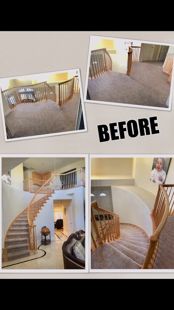 Before photo of a carpeted staircase, showing existing carpet, by All Bay Hardwood Floors in San Jose, CA.