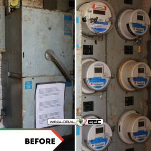 Before an electrical upgrade, showing an old, rusty electrical panel and multiple meters at a property in Deerfield Beach, FL by Weglobal Technologies & EEC Electricals