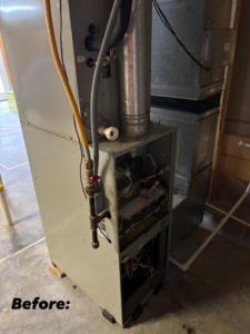 A 'Before' view of an HVAC furnace and air handler unit needing service from SJ Conner and Sons Inc in Roanoke, VA