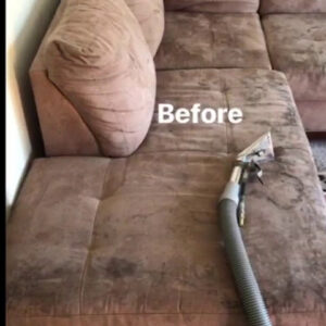 Before shot of a dirty sofa being cleaned with a professional upholstery tool by DCSfloorcleaning in Charlotte, NC
