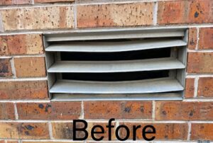 Before photo of an old vent on a brick wall, showing a potential entry point for pests for Hub City Pest Control in Jackson, TN