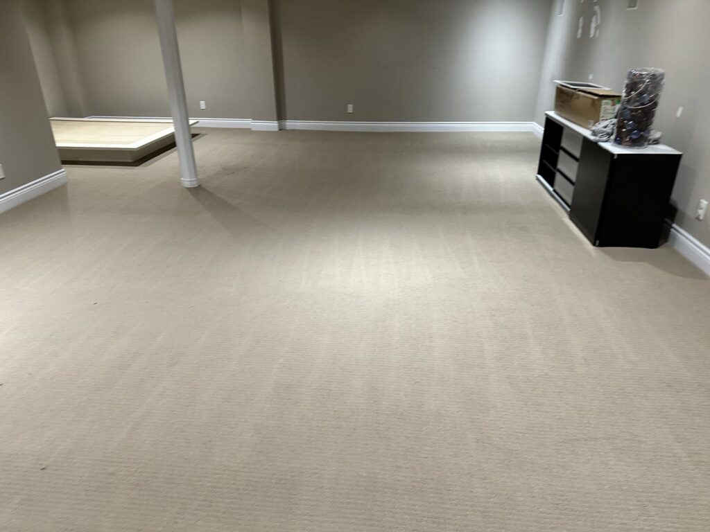 Clean beige carpet with fresh vacuum lines in a basement, serviced by PROlific Cleaning Services LLC in Indianapolis, IN.