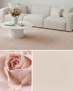 A plush beige carpet covering a living room floor with a white sectional sofa, by International Design Guild in Manchester, NH.