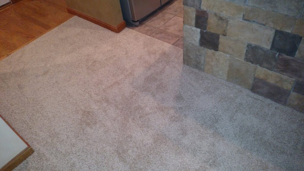 Light beige carpet installed next to a decorative stone wall and hardwood floor transition by Home Based Carpet & Flooring in Cincinnati, OH.