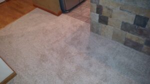 Light beige carpet installed next to a decorative stone wall and hardwood floor transition by Home Based Carpet & Flooring in Cincinnati, OH.