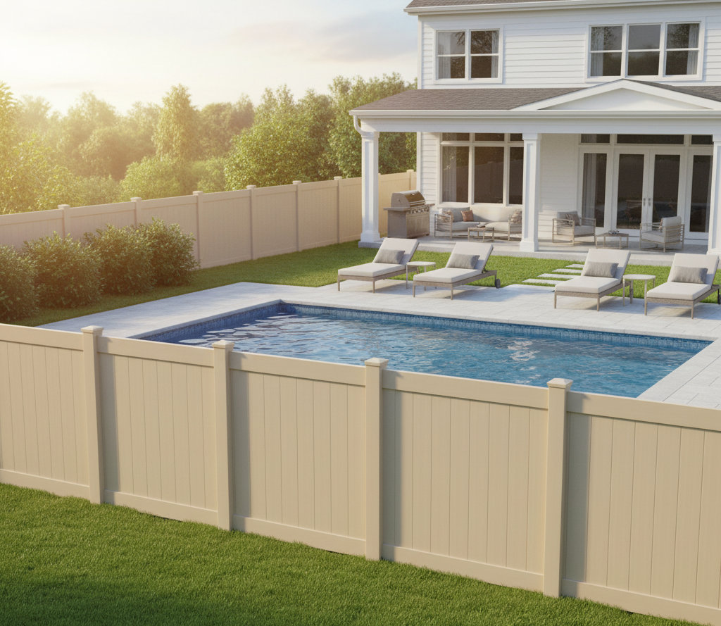 A beige vinyl privacy fence installed around a swimming pool area by Boost My Home in St. Augustine, FL.