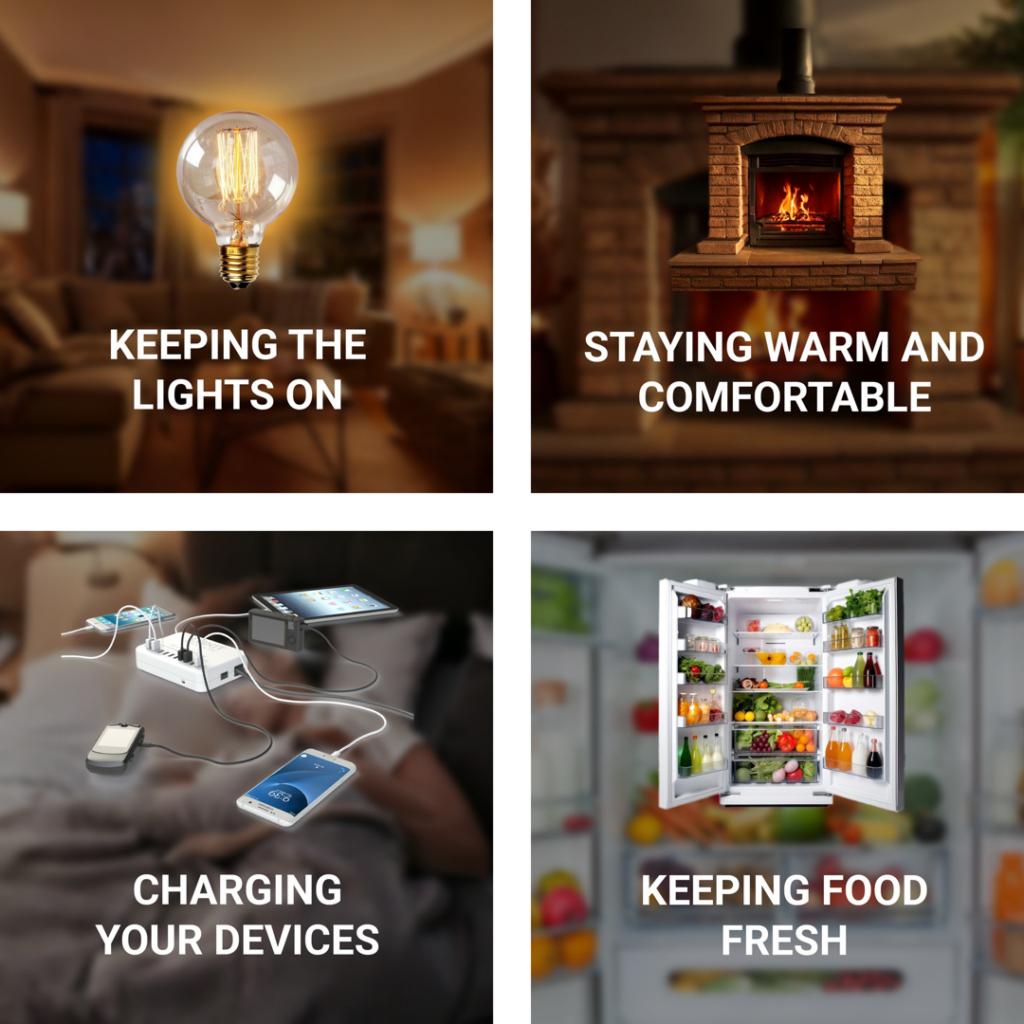 A collage showing the benefits of generator power: keeping lights on, devices charged, and food fresh by Kenerator in Plano, TX.