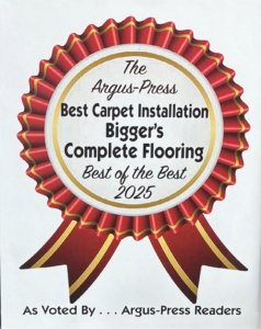 An award ribbon for "Best Carpet Installation" received by Bigger's Complete Floor Covering in Owosso, MI.