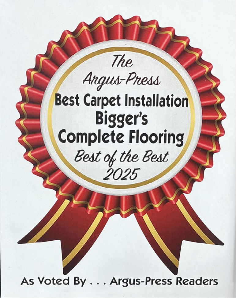 An award ribbon for "Best Carpet Installation" received by Bigger's Complete Floor Covering in Owosso, MI.