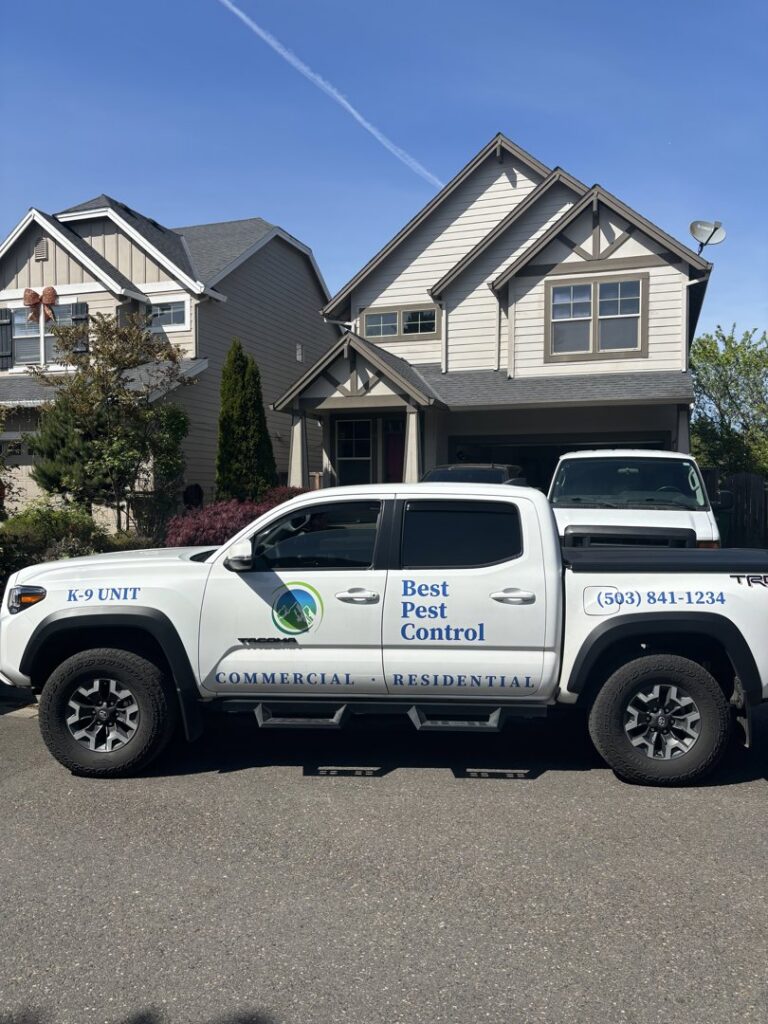 A Best Pest Control K-9 Unit truck for residential services parked in Beaverton, OR, ready for a job.