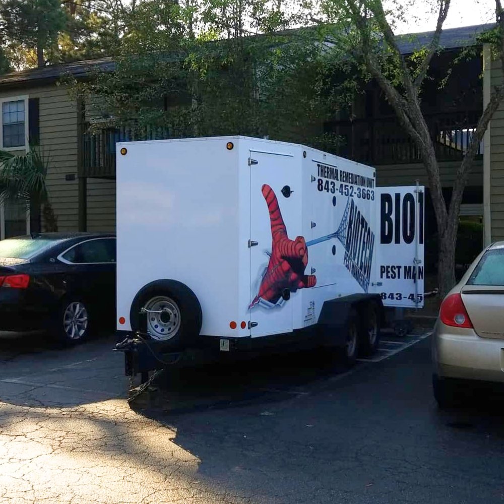 A Biotech Pest Management thermal remediation unit trailer parked at a job site in Summerville, SC.