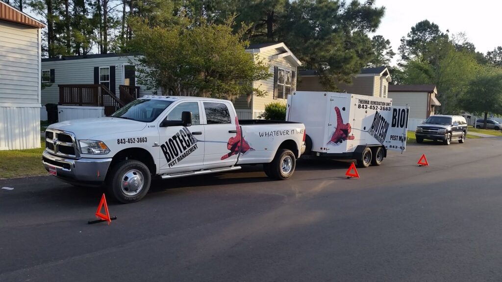 Biotech Pest Management truck and thermal remediation trailer parked at a residential job site in Summerville, SC.