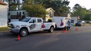 Biotech Pest Management truck and thermal remediation trailer parked at a residential job site in Summerville, SC.