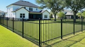 A sleek black aluminum fence installed around a residential backyard by Boost My Home in St. Augustine, FL.