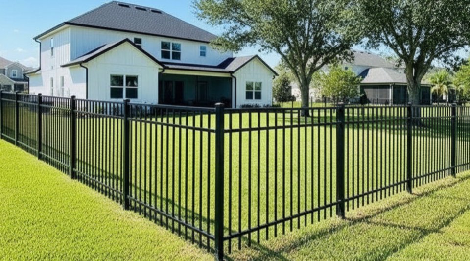 A sleek black aluminum fence installed around a residential backyard by Boost My Home in St. Augustine, FL.