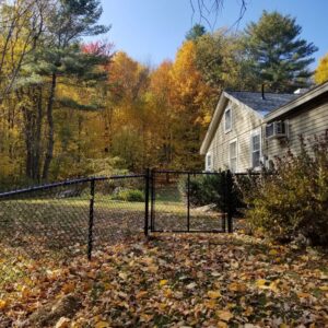 A black chain-link fence with a gate installed by MH Fence in Weare, NH, surrounded by autumn foliage.