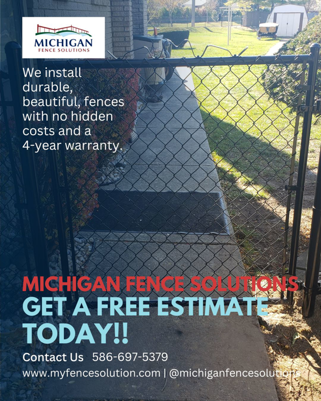 A black chain-link fence gate installed by Michigan Fence Solutions in Macomb, MI.