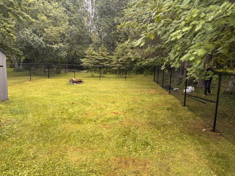 A newly installed black chain-link fence enclosing a backyard by 218 Fencing in Duluth, MN.