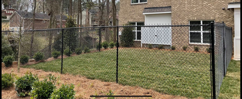A newly installed black chain-link fence enclosing a backyard by Castillo Fences in Sacramento, CA.
