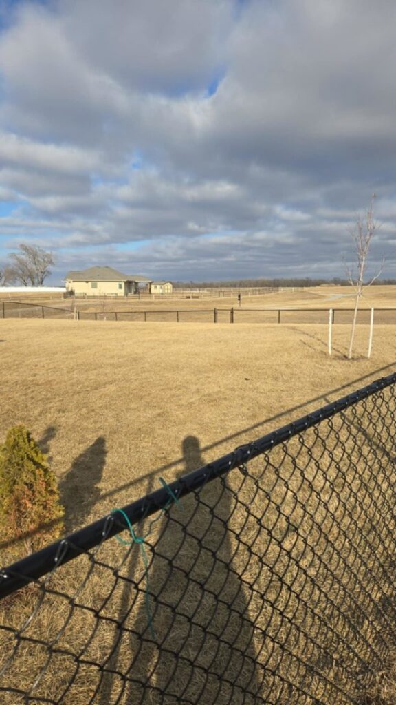 A black chain link fence installation in a residential area by Fencing Company Of Omaha in Omaha, NE.