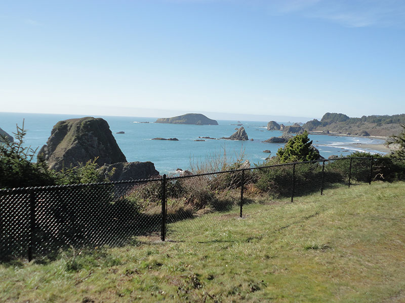 A durable black chain-link fence installed on a scenic hill overlooking the ocean, a project by West Coast Fencing in Coos Bay, OR.