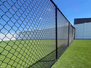 A black chain-link fence enclosing a green turf area, installed by Golden Eagle Fencing in Tampa, FL