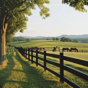 A long black farm fence with horses grazing in a field, installed by Roanoke Fence Company in Roanoke, VA.