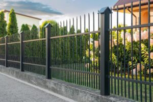 A black iron picket fence with decorative finials installed by Ironcraft Welding in Chicago, IL.